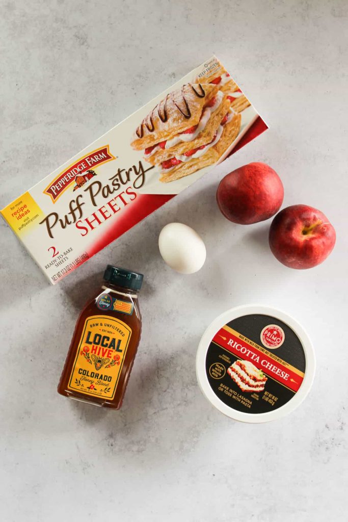 ingredients needed for upside down peach puff pastries. 