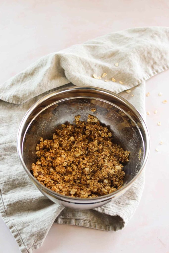 Oatmeal mixture in a mixing bowl. 