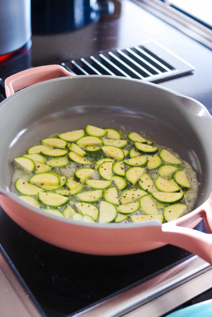 Zucchini in a sauté pan. 