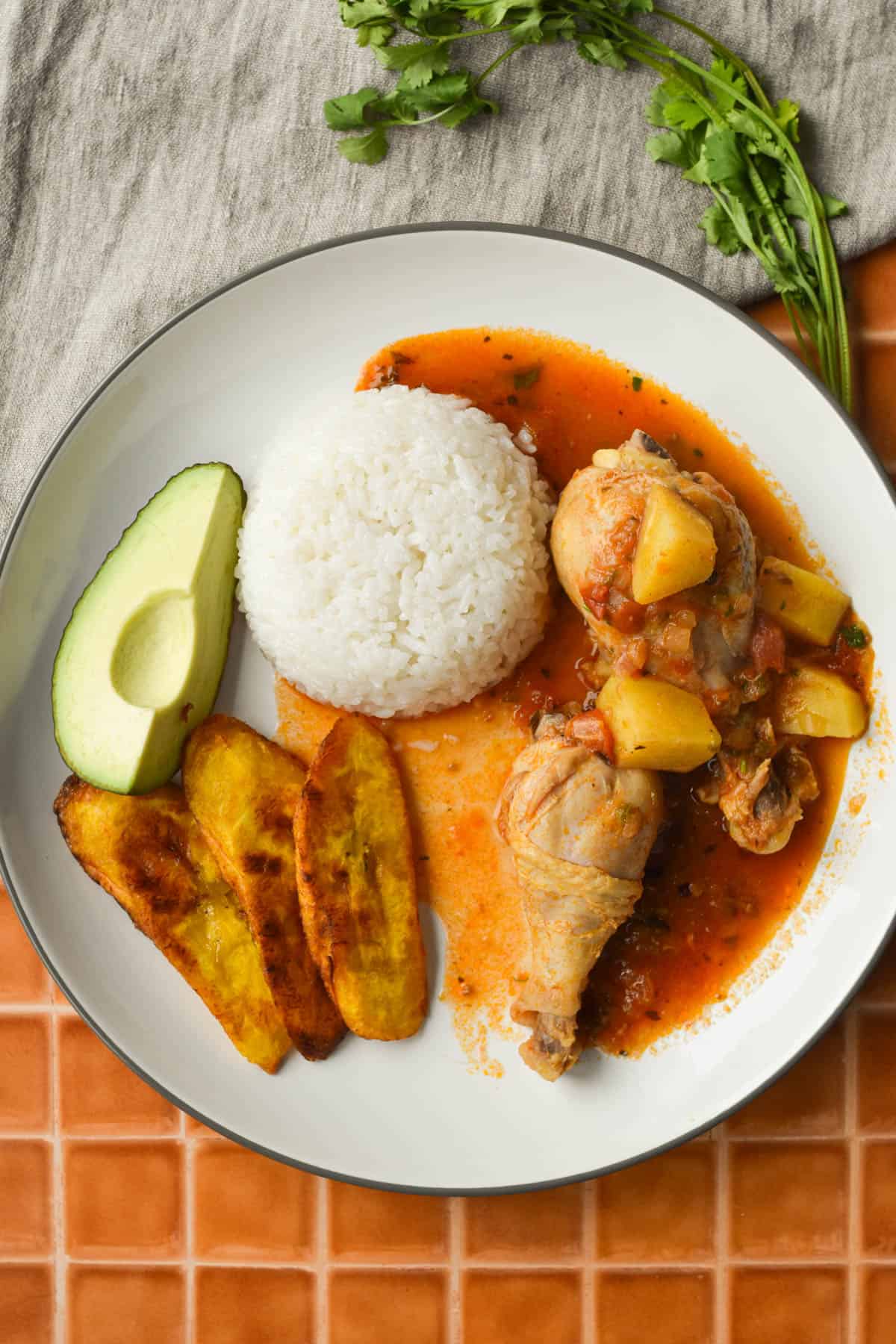 Overhead shot of stewed chicken on a plate with rice, avocado and plantains. 