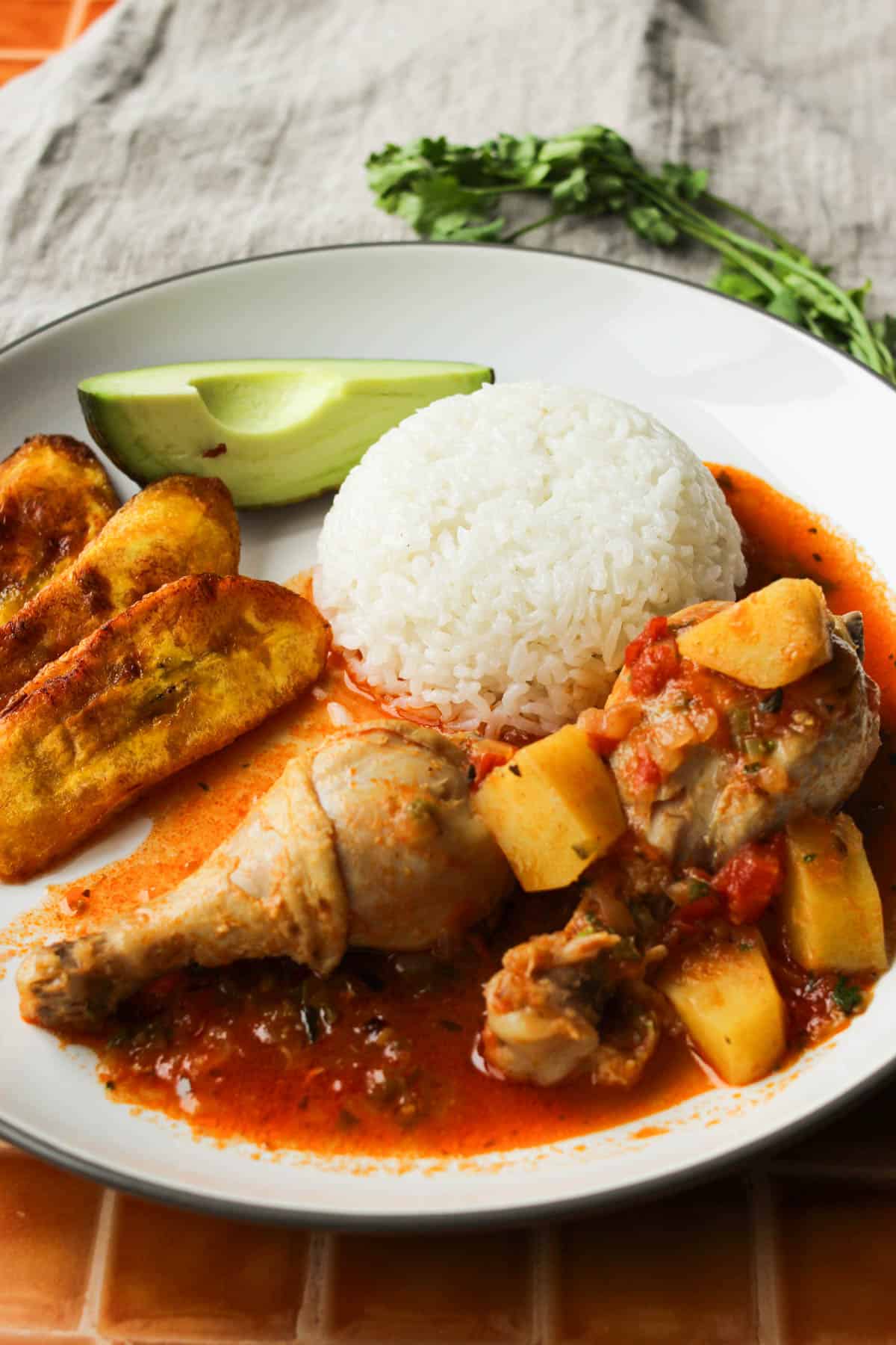 Stewed chicken served with rice, plantains and avocado on a white plate. 