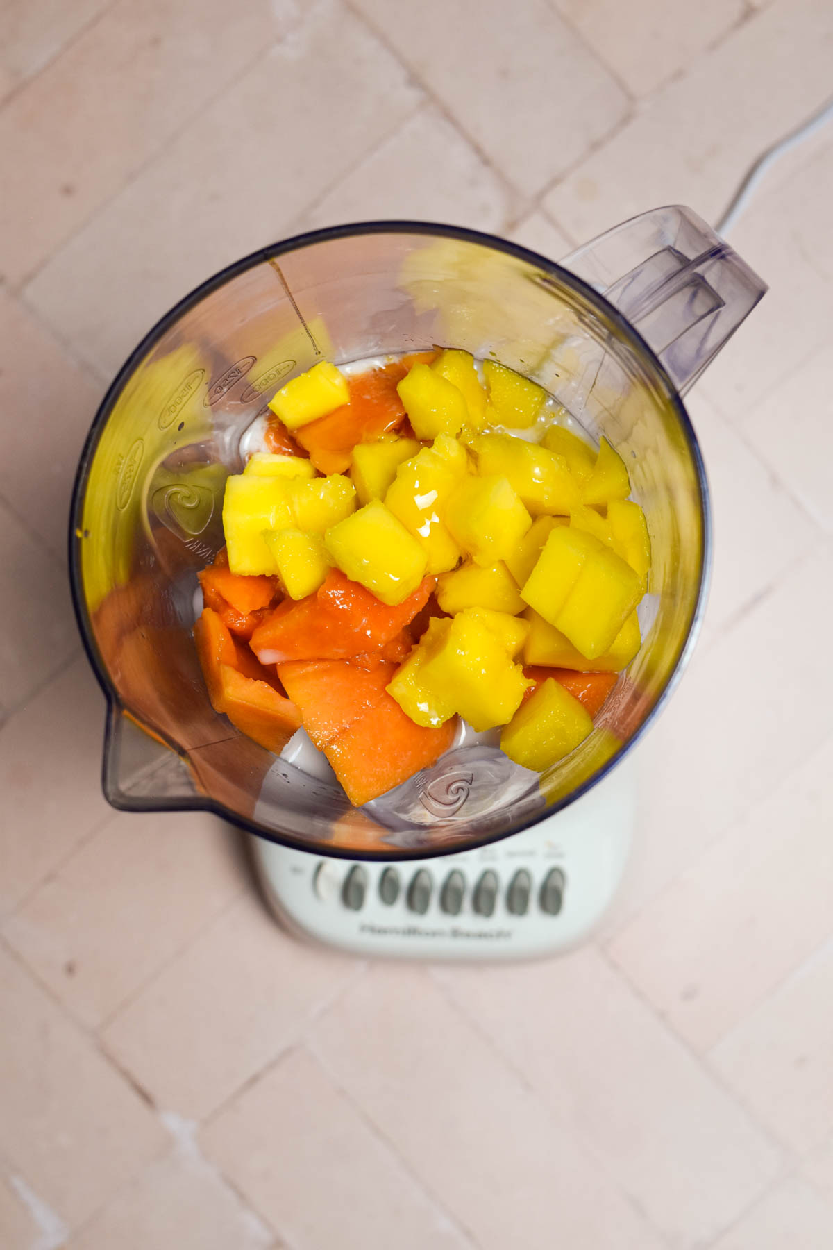 Ingredients for papaya mango smoothie in a blender before being blended. 