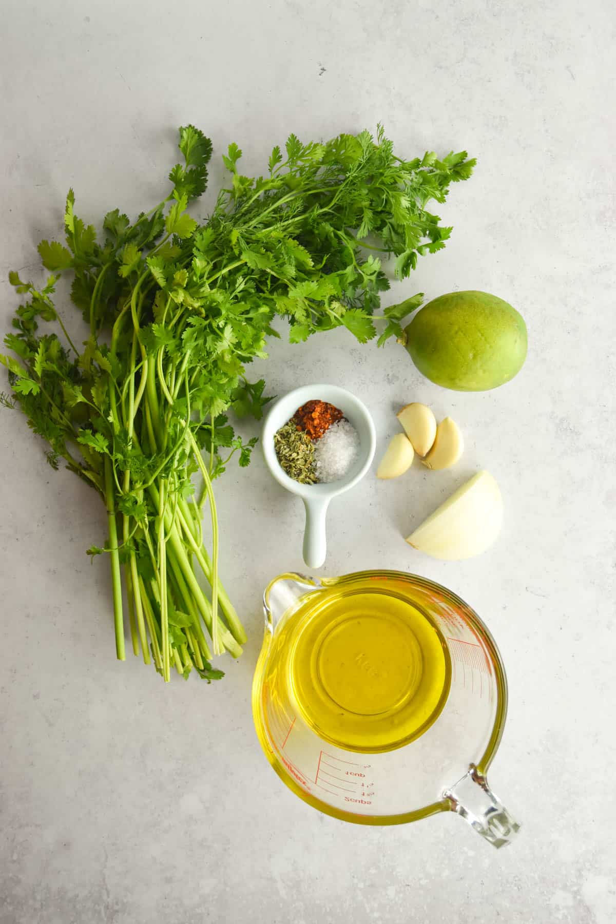 Ingredients for cilantro chimichurri on a kitchen counter.