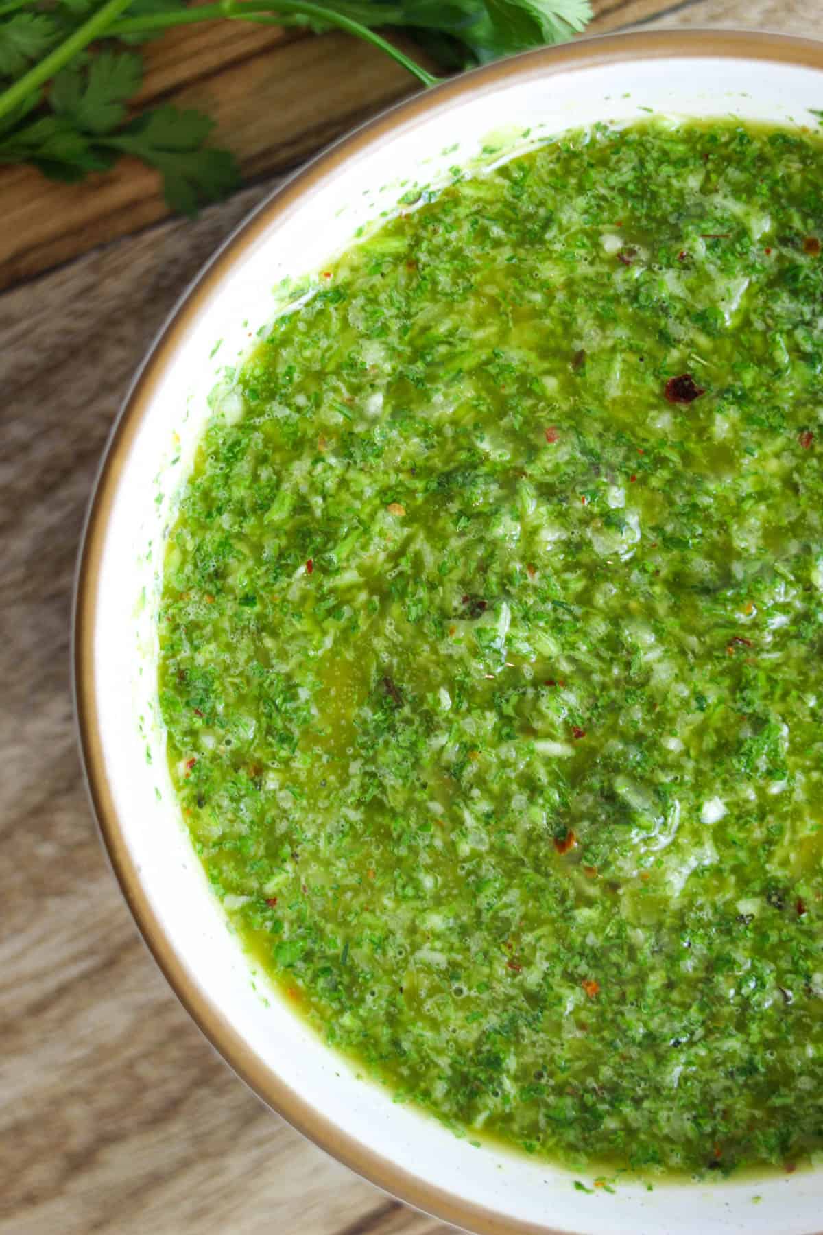 Cilantro chimichurri in a small bowl.