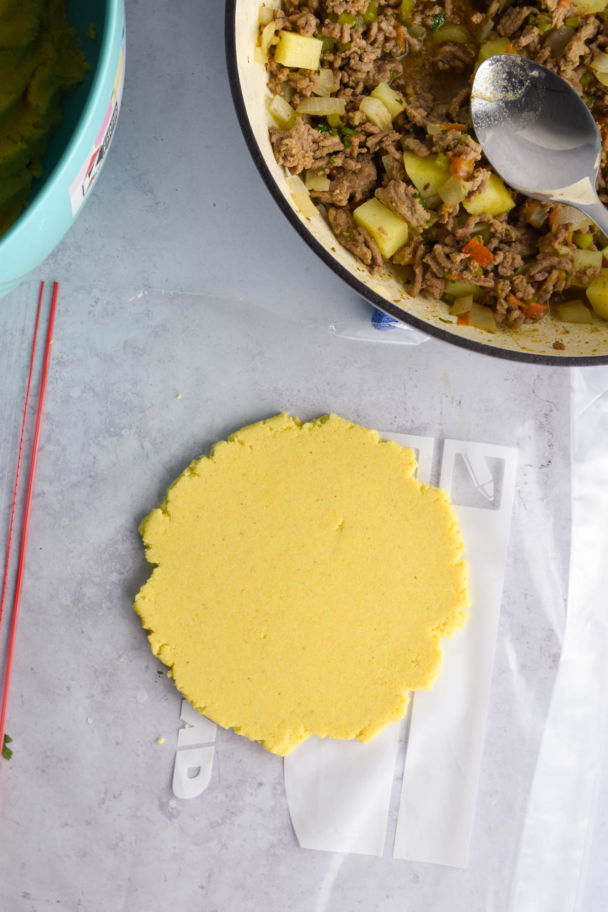 Empanada dough disk after it was flattened. 