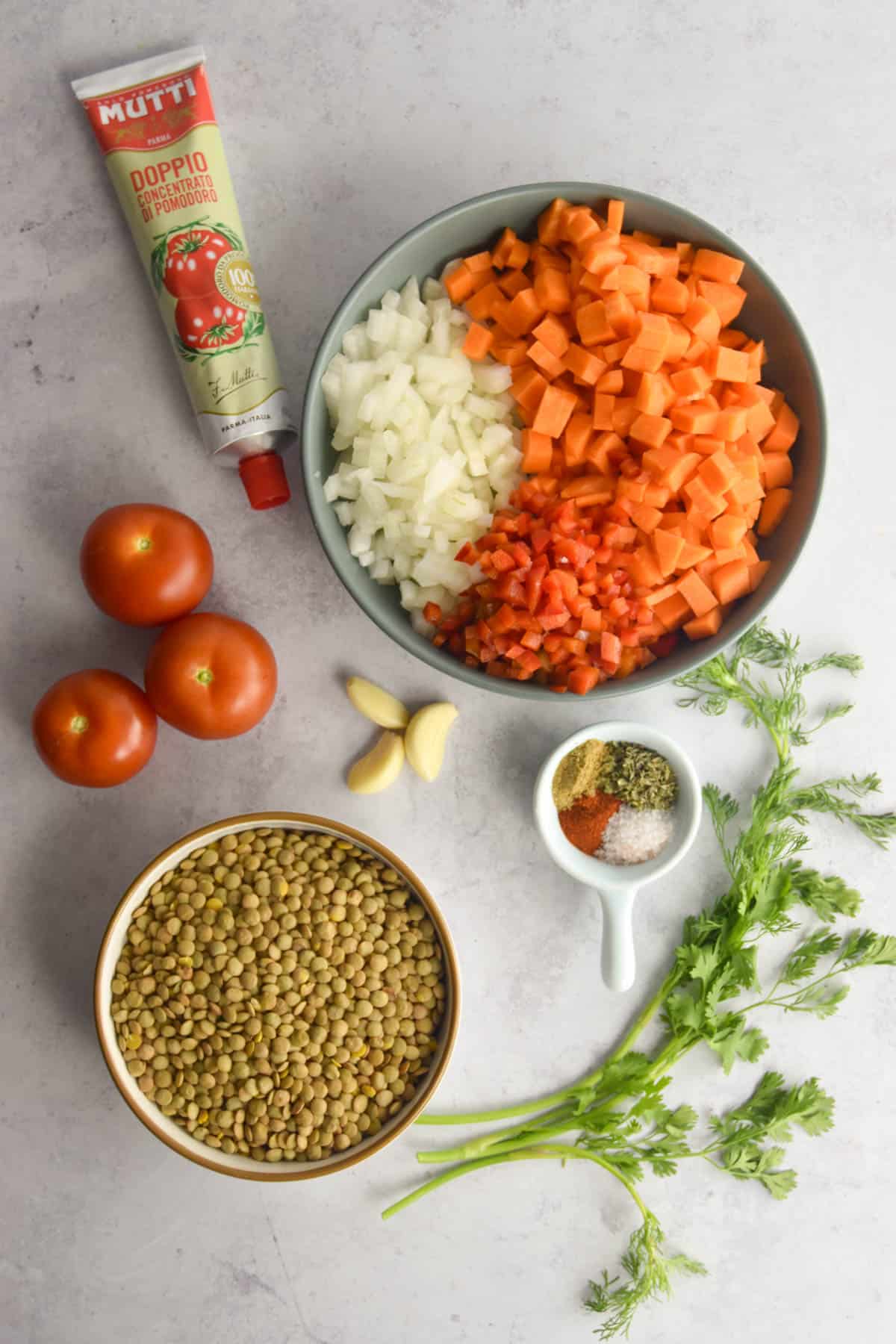 Ingredients needed for carrot and lentil soup recipe.