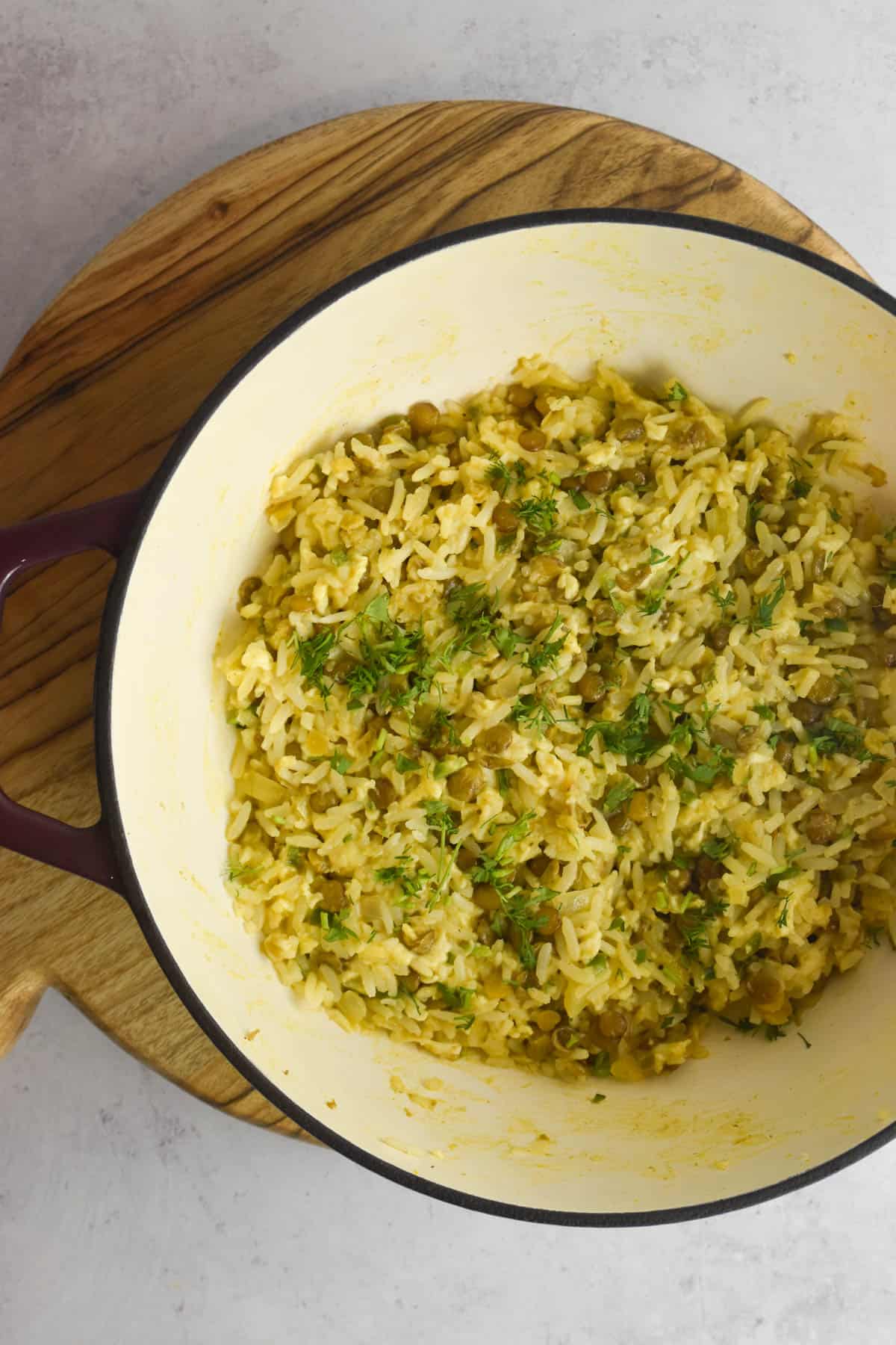 Overhead shot of pot full of rice and lentils.