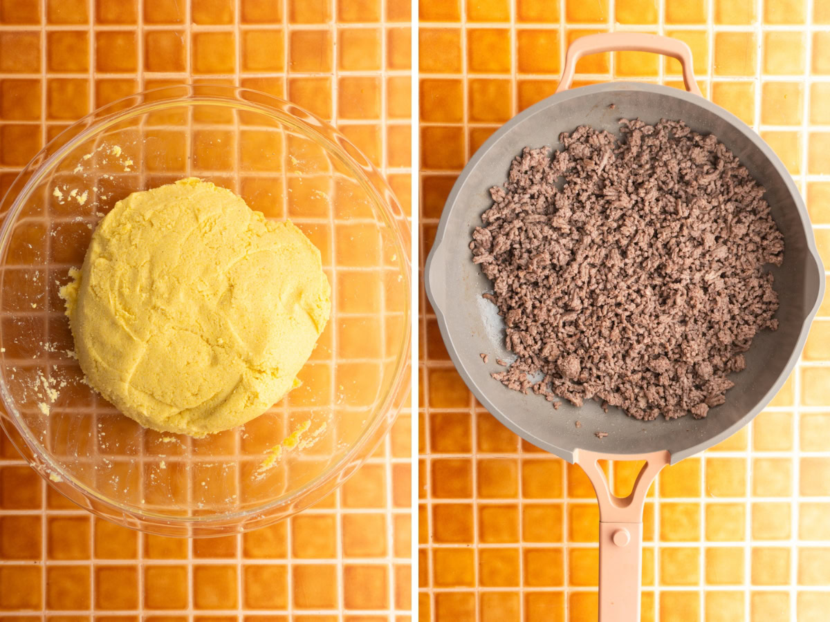 Side by side photos of making the Colombian empanada dough and browning the beef.