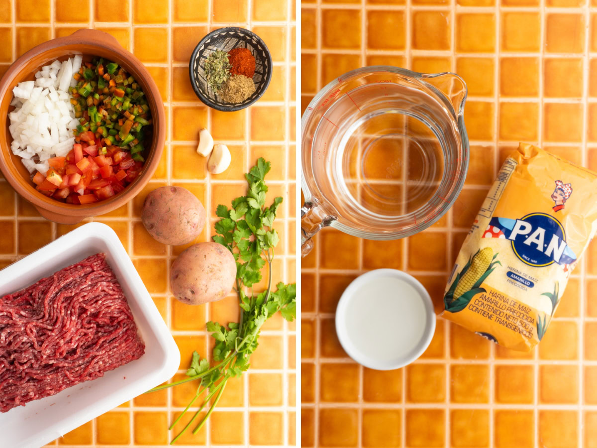 Side by side photos of the ingredients needed to make Colombian empanadas.