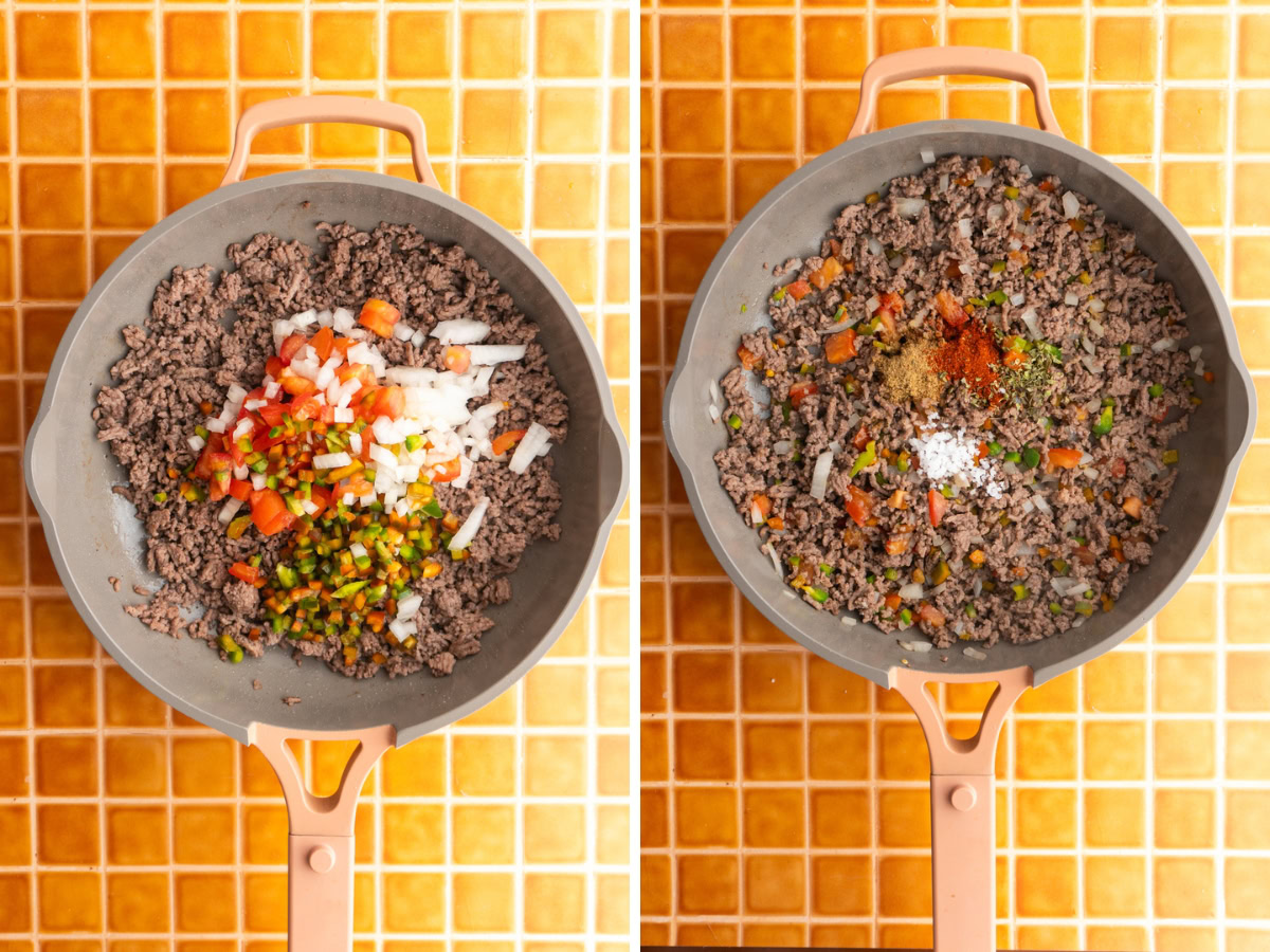 Side by side photos of preparing the ground beef empanada filling.