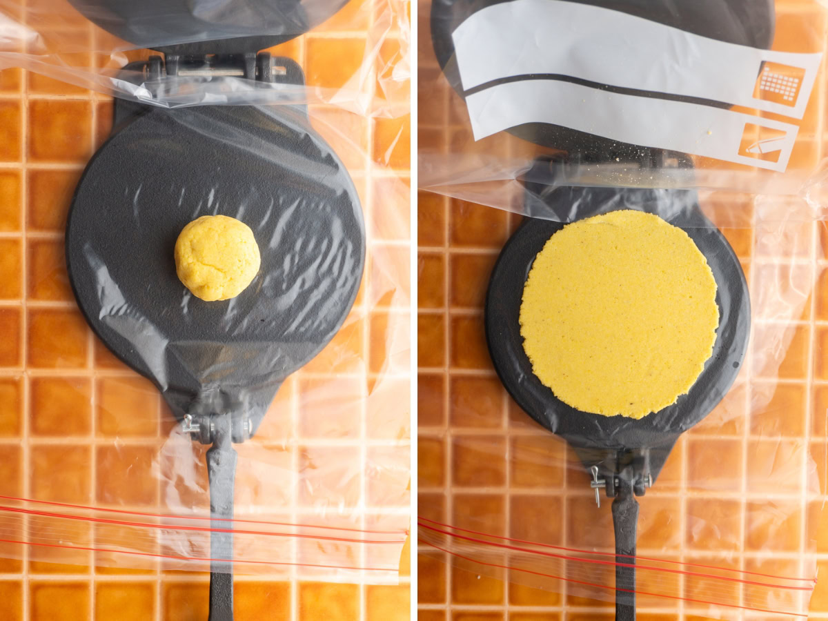 Side by side photos of flattening the corn dough into a disk.