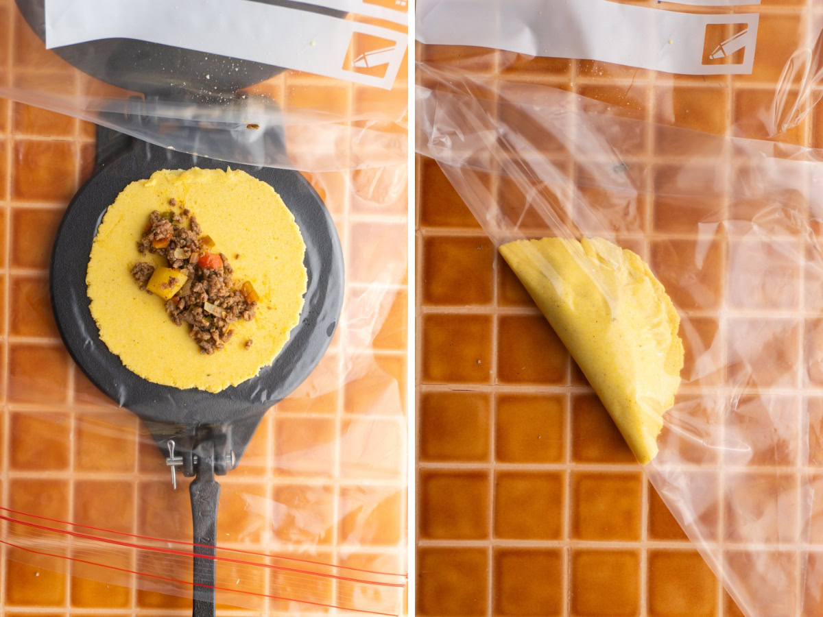 Side by side photos of filling the empanada disk with filling and folding it over.