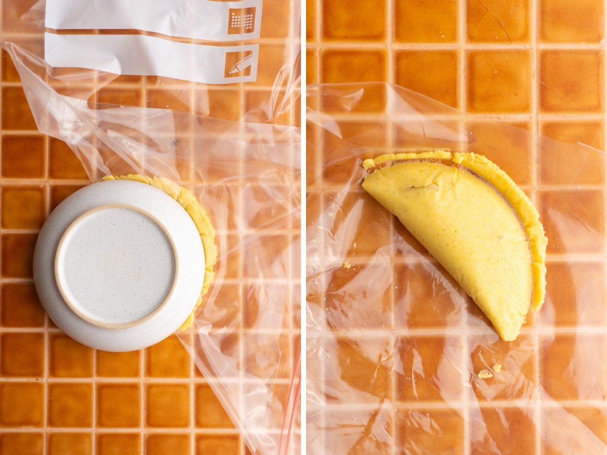 Using a bowl to press down the empanada.