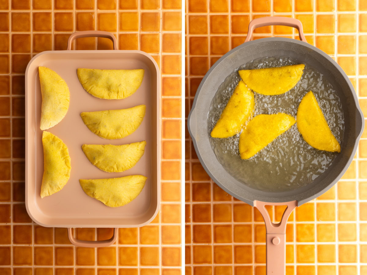 Side by side photo of assembled empanadas and frying them in oil.