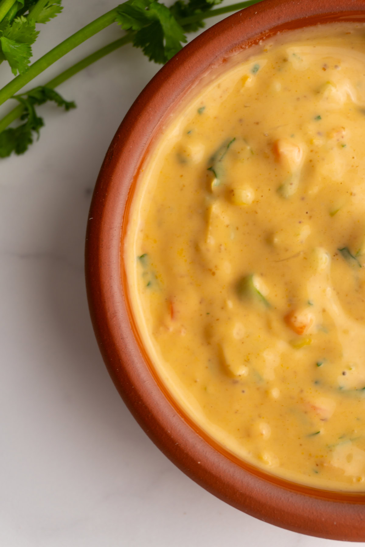 Close up of Ecuadorian peanut sauce in a clay bowl.