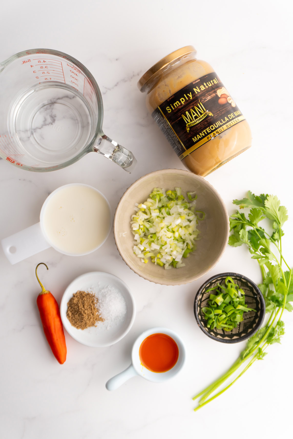 Ingredients needed to make Ecuadorian peanut sauce.